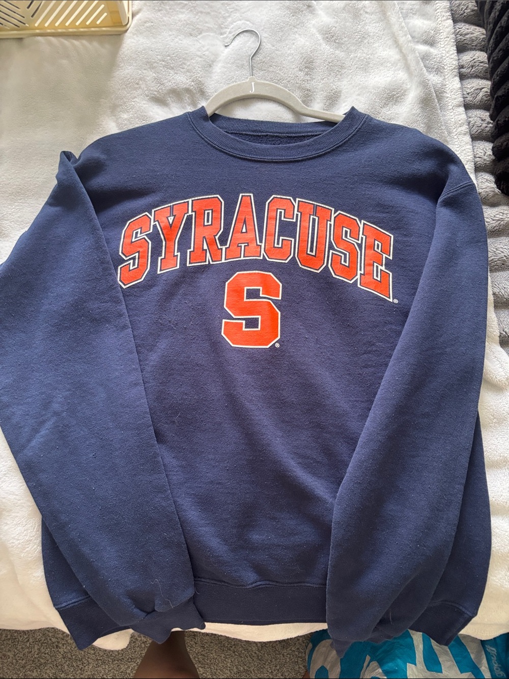 Tory Burch Navy Crewneck Sweater with Orange Lettering